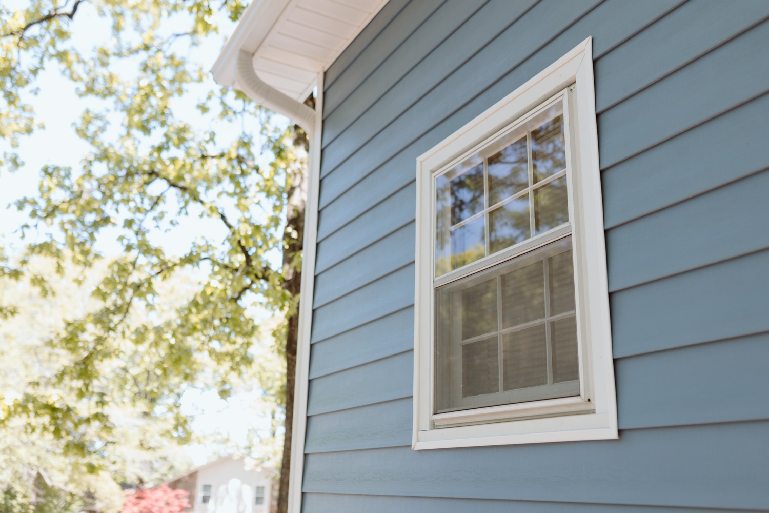 Close-up of a window with white trim on a blue house with horizontal siding; trees with green leaves and part of another house are visible in the blurred background on a sunny day.